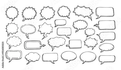 A versatile collection of handdrawn speech and thought bubbles in various comic book styles, ideal for enhancing communication graphics, social media content, and creative presentations.