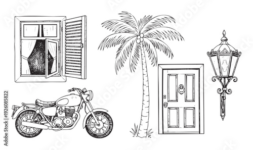 Selection of hand drawn travel and vacation objects including a tropical palm tree, classic motorcycle, traditional door, old street lamp, and open window with shutter for holiday guides
