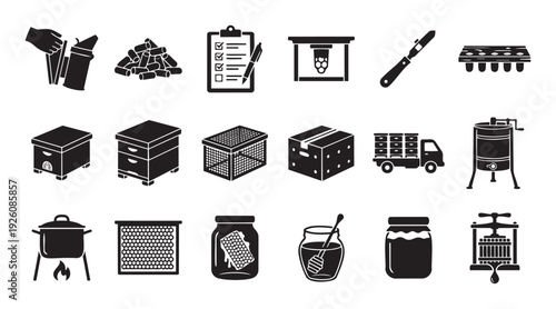 Collection of beekeeping and honey production icons featuring essential apiary tools, diverse beehive structures, honey extraction equipment, and finished products for agricultural and