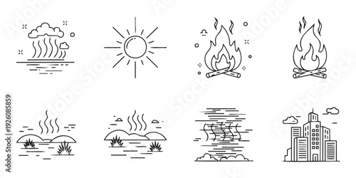 Outline symbols depicting sun, clouds, evaporation, steam, wind, fire, and urban city buildings, ideal for environmental and informational graphic projects.