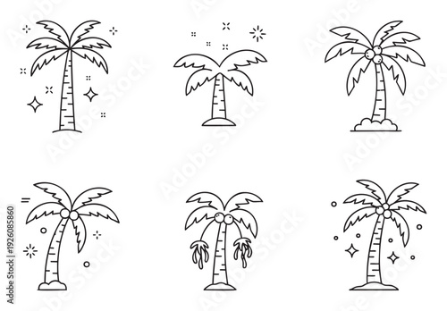 Versatile collection of minimalist line art palm tree icons perfect for enhancing tropical vacation themes, summer destination applications, and holiday travel branding materials.