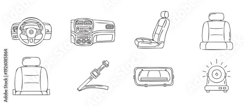 Line icons of car interior components including steering wheel, dashboard, seats, seatbelt, and alarm, suitable for automotive guides, vehicle repair manuals, and safety awareness campaigns.