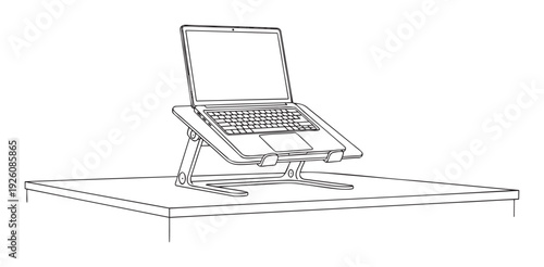 Ergonomic laptop stand on a desk providing adjustable elevation for comfortable working posture, perfect for home office setups and remote work environments.