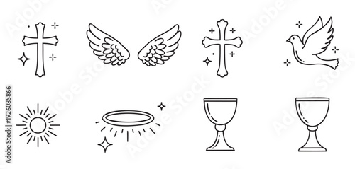 Simple line icons representing spirituality and faith including crosses wings dove sun halo and chalices perfect for religious events web graphics or print media projects