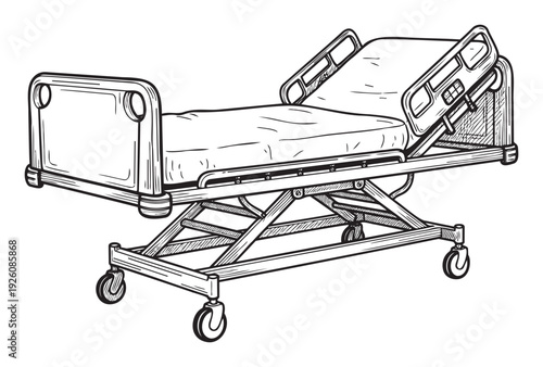 Medical hospital bed with adjustable features and safety rails provides comfort and essential care for patients, perfect for healthcare publications and equipment catalogs.