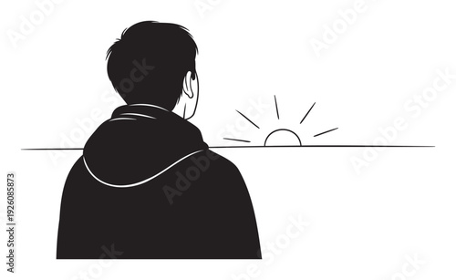 A silhouette of a person standing at a horizon line looking at a sunrise offering a symbolic representation of new beginnings or peaceful contemplation perfect for inspiring motivational