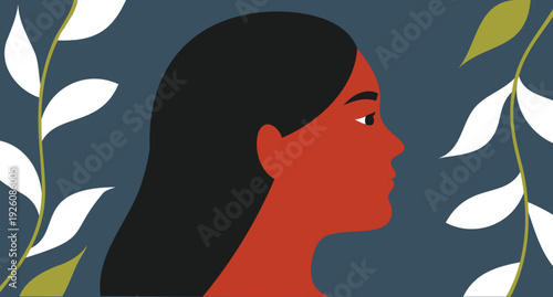 Profile of a woman with dark hair and red skin.