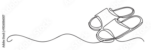 Continuous line drawing of two comfortable slippers connected by an elegant flowing stroke, perfect for home decor themes, relaxation promotions, or cozy lifestyle web backgrounds.