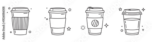 Collection of stylized line drawing coffee cups with lids and sleeves perfect for food service branding, cafe menus, or beverage packaging graphics