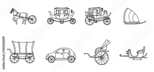 Collection of diverse transportation vehicles including vintage carriages sleighs covered wagon and a modern car perfect for historical or travel themed projects