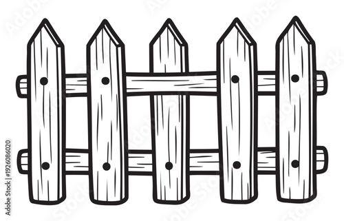 Stylized black and white outline drawing of a classic picket fence, perfect for educational materials, storybooks, or farming and gardening graphics.