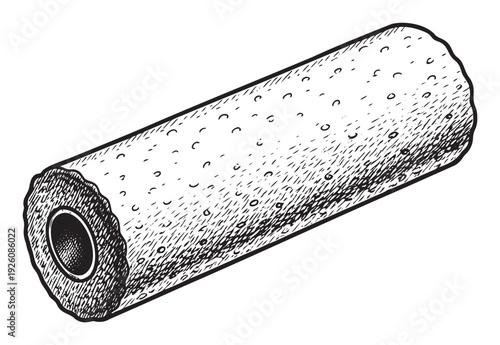 Detailed black and white engraving depicting a textured cylindrical roll with a hollow core, suitable for industrial material depictions or manufacturing process graphics.