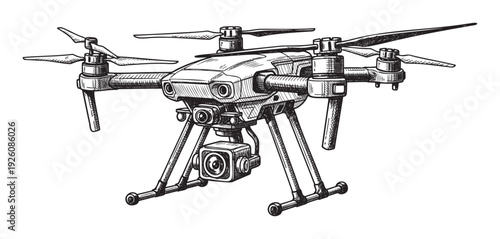 Handdrawn sketch of a modern quadcopter drone equipped with a camera, perfect for depicting aerial technology, remote sensing, delivery services, and surveillance concepts.