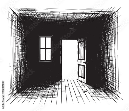 A dark and empty room with sketchy crosshatched walls and a bright open door and window offers a dramatic visual for psychological themes, mystery, or architectural abstract visuals