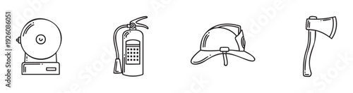 Firefighting equipment line icons including a fire alarm, extinguisher, helmet, and axe, perfect for safety infographics, emergency service presentations, and public awareness campaigns.