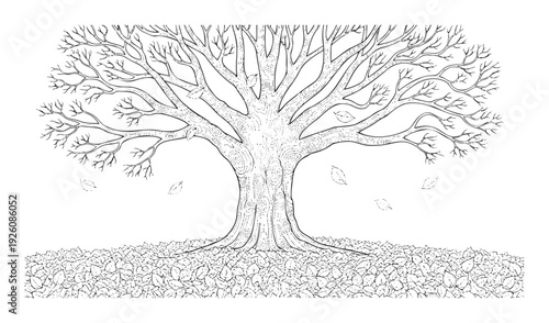 Detailed line drawing of a majestic deciduous tree with numerous bare branches and a ground covered in fallen leaves, perfect for seasonal designs, naturethemed crafts, and educational