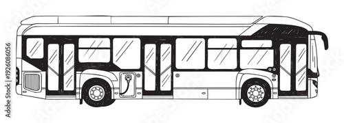 A detailed side view line drawing of a modern public transportation bus, ideal for illustrating urban mobility, sustainable transit solutions, and educational content on city infrastructure.