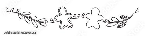Simple outline drawing of two gingerbread figures holding hands with decorative winter branches and berries creating a festive divider perfect for holiday invitations seasonal greetings or