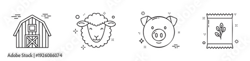Collection of minimal line icons representing farm elements like a traditional barn, a cute sheep, a happy pig, and a seed bag, perfect for agricultural apps, rural business branding, or