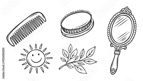 Simple black and white line illustrations depicting a hair comb, brush, classic mirror, smiling sun, and botanical branch, suitable for elementary learning materials and personal care
