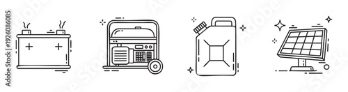 Essential energy production and storage solutions presented as outline icons, perfect for power backup, renewable energy, and fuel supply concepts in modern infographics.