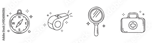 Collection of linear icons representing essential outdoor and survival equipment like a compass, whistle, magnifying glass, and first aid kit, ideal for web graphics or informational