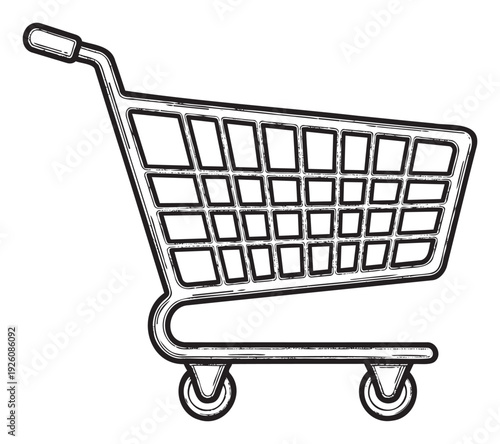A distressed black and white line drawing of a grocery shopping cart provides a bold visual for consumerism, retail, ecommerce, sales, and purchasing concepts across various business and