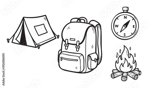 Collection of hand drawn camping items featuring a tent, backpack, compass, and campfire for outdoor adventure marketing and travel related projects
