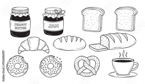 Delicious assortment of classic breakfast and snack items including bread, pastry, spreads, and coffee, perfect for foodrelated marketing and menus
