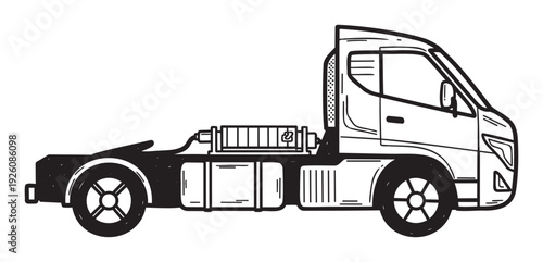 Monochromatic graphic of a large semi truck tractor unit presented in a modern sketch style, excellent for trucking company websites, delivery service marketing, and vehicle repair guides.