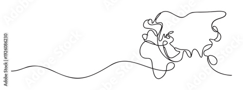 Abstract one line drawing of a world map showing interconnected continents, perfect for educational materials, global business presentations, or international communication themes.