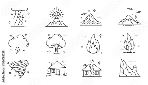 A comprehensive collection of line icons depicting various natural disasters and environmental risks, perfect for insurance company websites, emergency preparedness guides, or climate