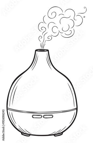 Stylized line drawing of an essential oil diffuser emitting fragrant steam, perfect for health and wellness blogs, spa advertisements, or home decor product promotions.