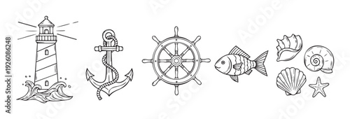 A collection of hand drawn marine icons including a lighthouse, anchor, ship wheel, fish, and seashells, perfect for summer themed decor or ocean adventure stories