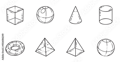 A collection of fundamental geometric solid shapes depicted in simple outline style for educational diagrams and visual learning resources in mathematics and graphic projects.