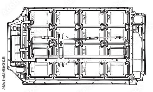 Electric vehicle battery pack layout technical drawing showcasing modular design and internal cooling system for automotive engineering and sustainable transportation projects