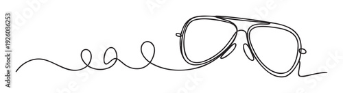 Continuous single line drawing of stylish aviator sunglasses with a fluid minimalist design, excellent for fashion branding, optical product promotions, or summer travel lifestyle campaigns.