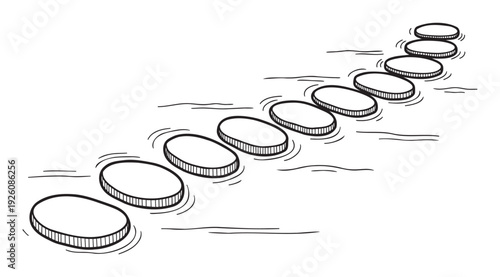 Hand drawn sketch of a path made of oval stepping stones or coins floating on water, symbolizing progress, a financial journey, or sequential steps for business and educational
