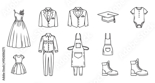 Outline icons of diverse apparel and accessories, featuring a formal gown, mens suit, graduation cap, babywear, short dress, worker uniform, different aprons, and sturdy boots, ideal for