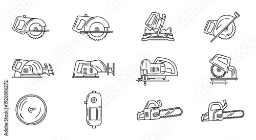 Line art icons depicting various power tools including circular saws miter saws jigsaws reciprocating saws and chainsaws useful for construction woodworking and industrial design projects
