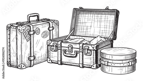 Elegant vintage travel baggage collection featuring classic closed suitcase, open trunk with clothing, and round hatbox, ideal for travel agency promotions or historic themed presentations