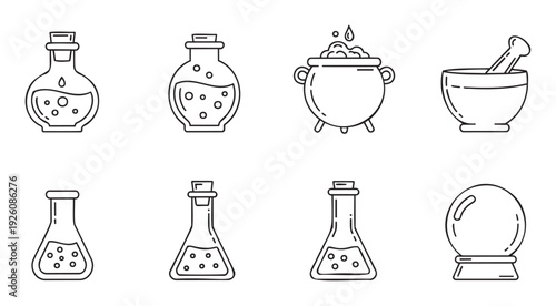 Collection of mystical alchemy and magic potion bottle icons with a bubbling cauldron, mortar and pestle, and crystal ball, perfect for game UI, witchcraft themes, or fantasy story