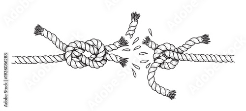 Strong knotted rope reaching its breaking point and fraying in the middle, symbolizing stress or the end of a relationship, useful for metaphorical business or personal crisis themes