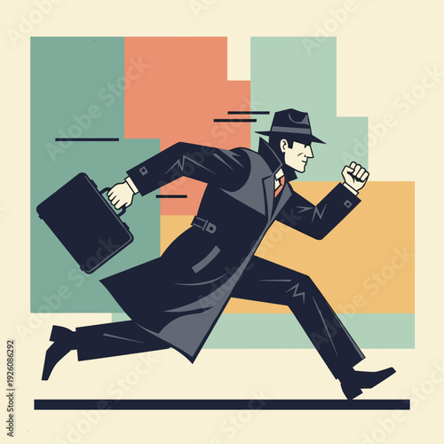 Action Scene of a Detective Running with a Briefcase