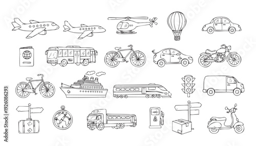 A comprehensive collection of hand drawn transportation vehicles and travel related objects perfect for illustrating global travel, logistics, and journey concepts in various educational or