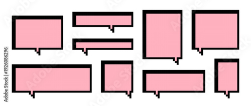 Pink pixel text boxes. Square and rectangle pixelated chat frame collection. 8 bit border shape pack for speach box bubble, message cloud, communication dialog, talk balloon. Vector elements set
