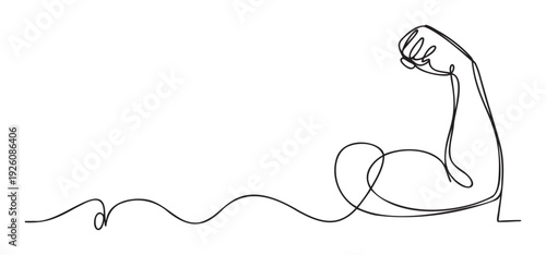 Minimalist one line drawing depicting a powerful muscular arm flexing, representing strength and determination for athletic or achievementfocused marketing materials.