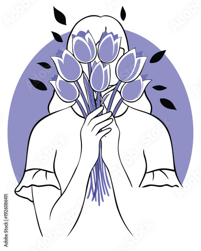 Woman holding bouquet of purple tulips obscuring face.