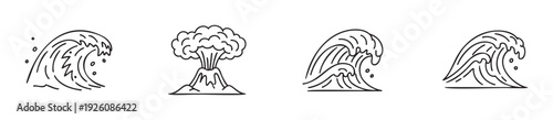 Dynamic graphic symbols depicting powerful ocean waves and a dramatic erupting volcano, perfect for creating impactful natural disaster warning signs, educational materials, or