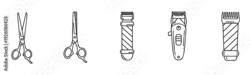 Essential line art icons for barbershops and hair salons, including scissors, hair clippers, and barber poles, perfect for branding, web graphics, and print materials
